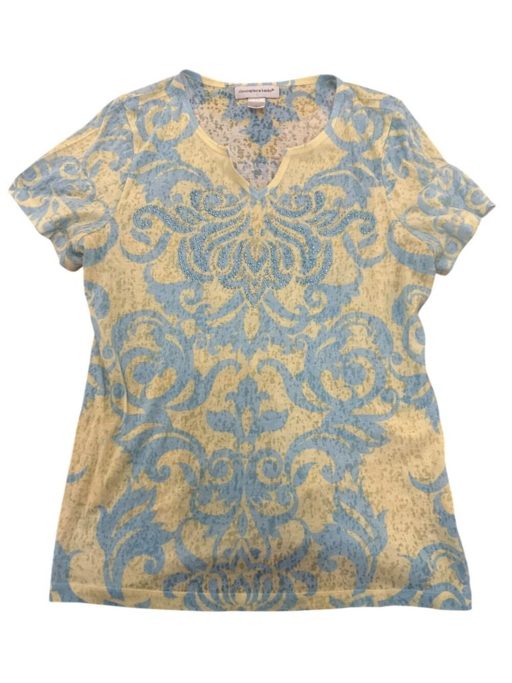 Christopher & Banks Womens Top L Blue Yellow Damask V-Neck Rhinestone Boho
